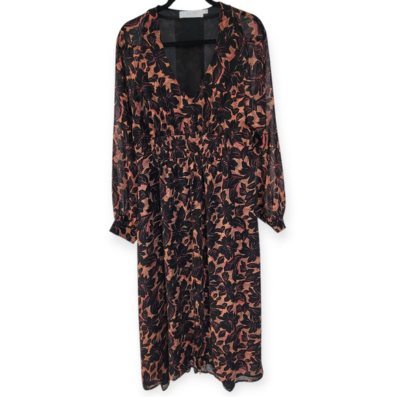 ASTR The Label Floral Smocked V-Neck Long Sleeve Dress Black/Coral Women Sz L - Picture 7 of 16